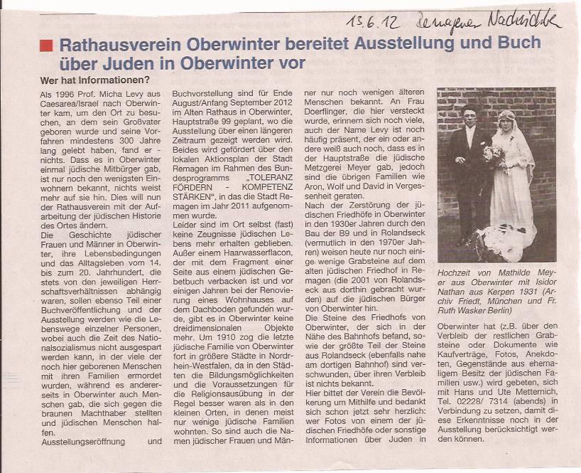 Rathausverein bereitet Ausstellung und Buch über Juden in Oberwinter vor