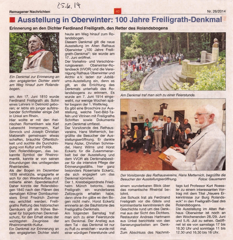 Ausstellung in Oberwinter: 100 Jahre Freiligrath-Denkmal